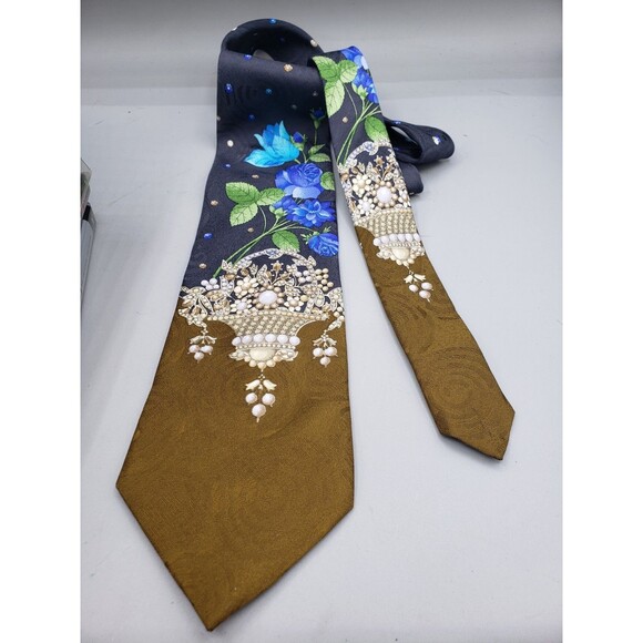 LEONARD Paris Dessin 67864 Silk Neck Tie Italy Made Floral Polka Dots Blue Brown - Picture 1 of 9